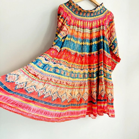 Chufy Memories of Peru Colourful Ethnic Print Off The Shooulder Chiffon Dress L - Picture 4 of 7